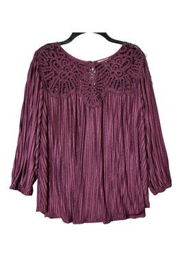 Rio & Rian Womens 2X Plum Crinkle Blouse Crochet Lace Yoke Boho 3/4 Sleeve